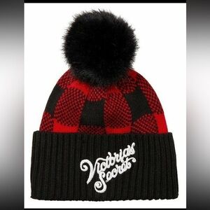 Victoria's Secret Winter Jacquard Pom Pom Beanie Buffalo Plaid Red Black